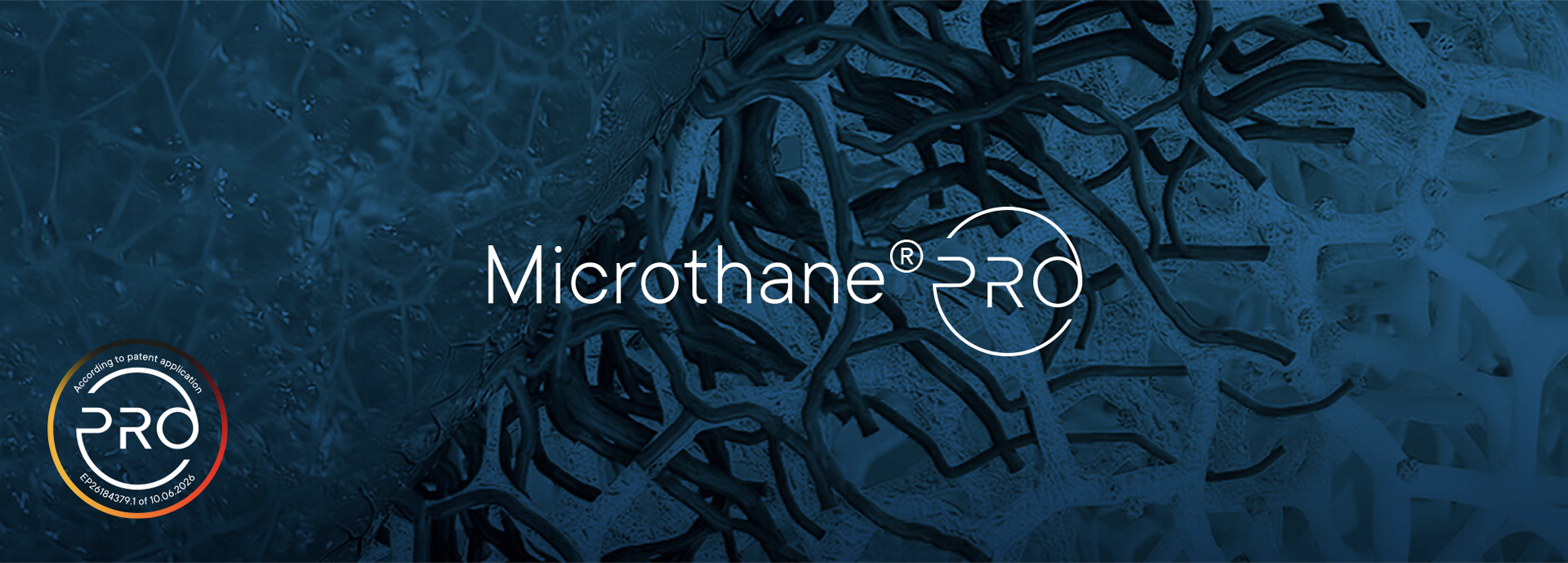 Ein abstraktes Muster von fein vernetzten Strukturen auf einem blauen Hintergrund mit dem Text "Microthane® PRO".