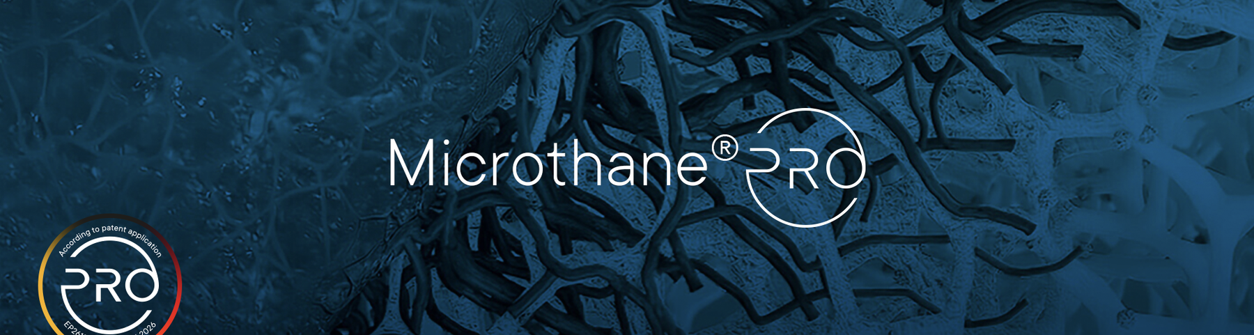 Ein abstraktes Muster von fein vernetzten Strukturen auf einem blauen Hintergrund mit dem Text "Microthane® PRO".