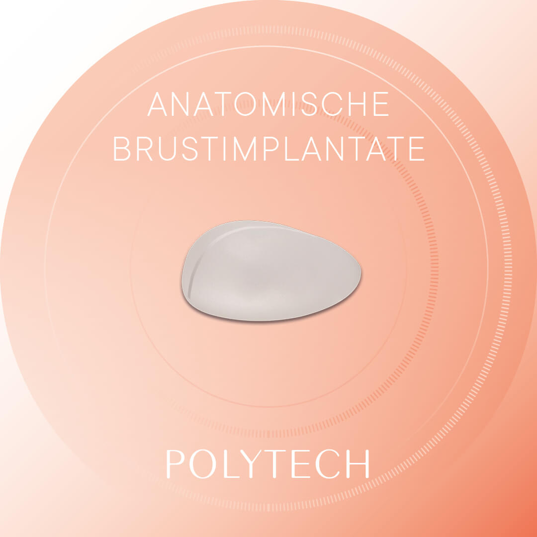 POLYTECH anatomic breast implant auf einem farbigen Hintergrund mit sichtbarem Text.