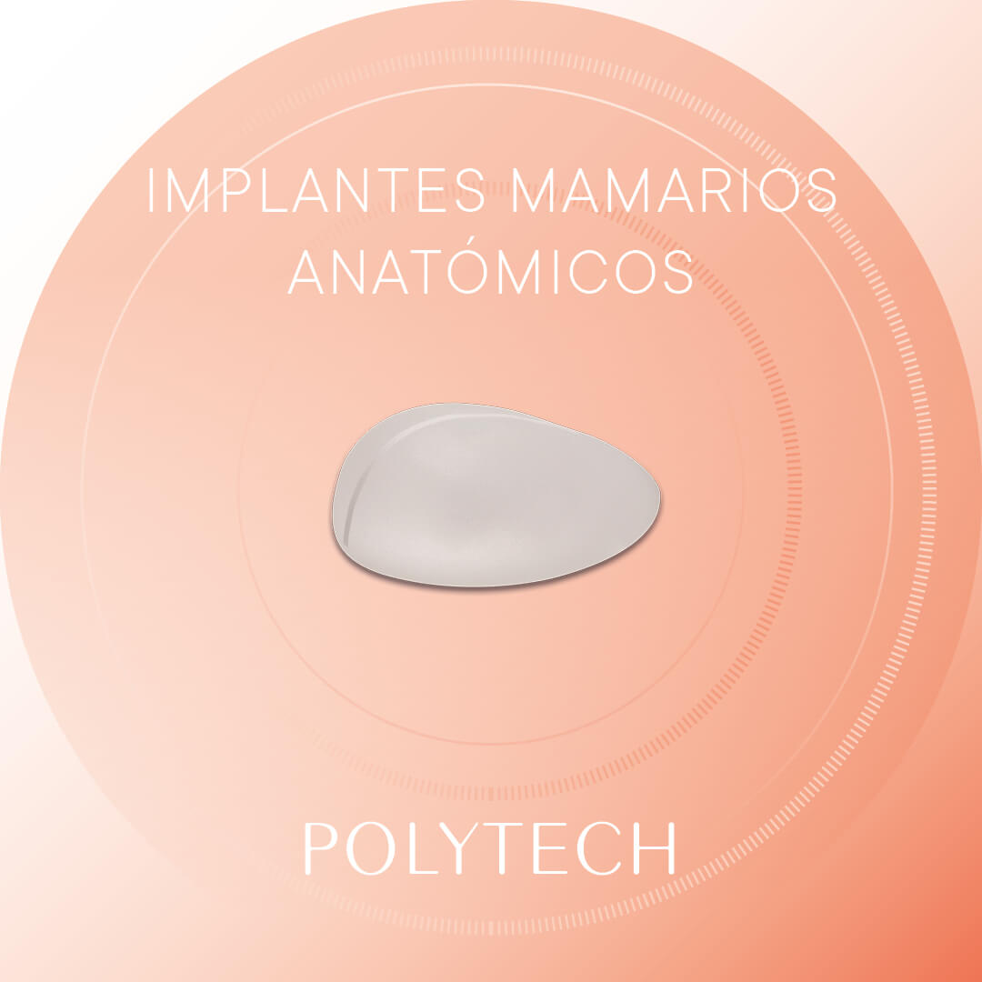 Implante mamario anatómico de POLYTECH sobre un fondo degradado con texto visible en español.
