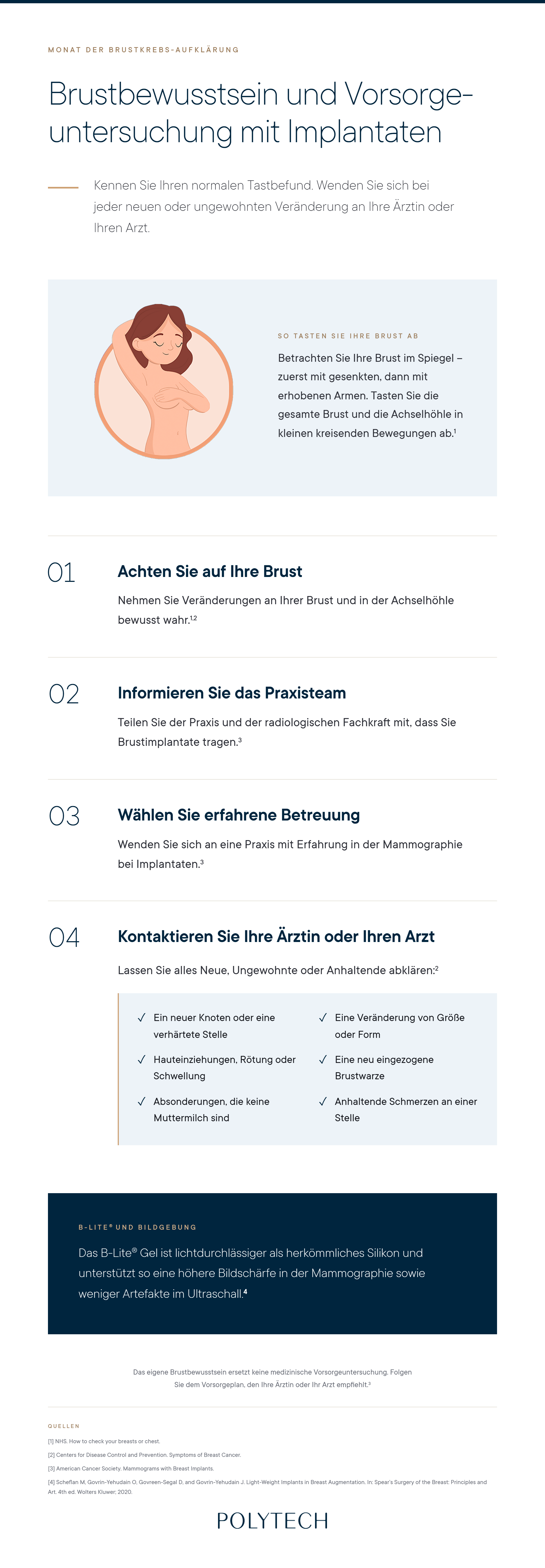 Ein Informationsblatt über Brustbewusstsein und Vorsorgeuntersuchungen mit allgemeinen Tipps, wie man sich um Brustimplantate kümmern kann.