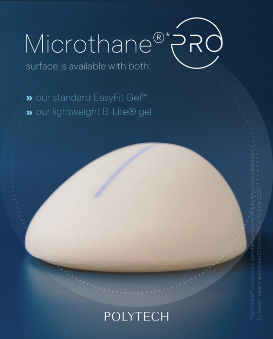 Microthane® PRO Implant von POLYTECH mit einem sanften, angewinkelten Design und einer blauen Markierung auf der Oberfläche.