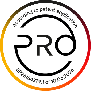 Ein Logo mit dem Text "PRO", umgeben von einem kreisförmigen Design und dem Hinweis auf eine Patentanmeldung.